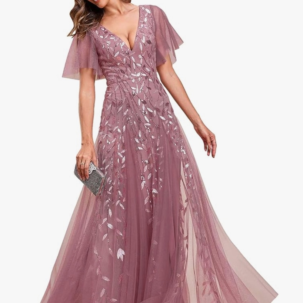 Women's Sequin Embroidery V-Neck Short Sleeve Maxi Evening Dress in Orchid Color